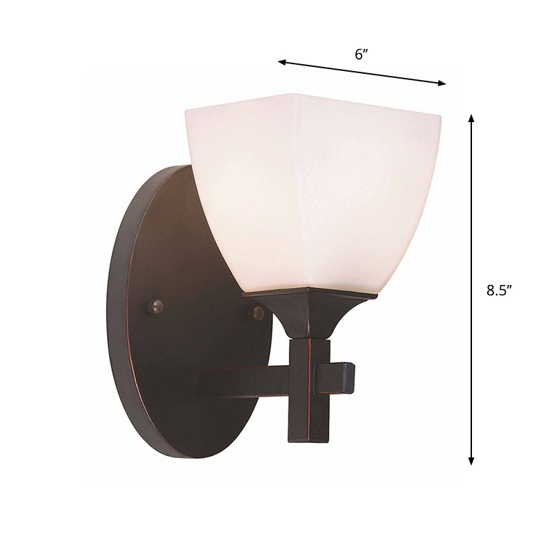 Trapezoid Indoor Wall Mount Lamp Traditional Cream Glass 1 Light Black Wall Sconce Lighting Clearhalo 'Wall Lamps & Sconces' 'Wall Lights' Lighting' 781851