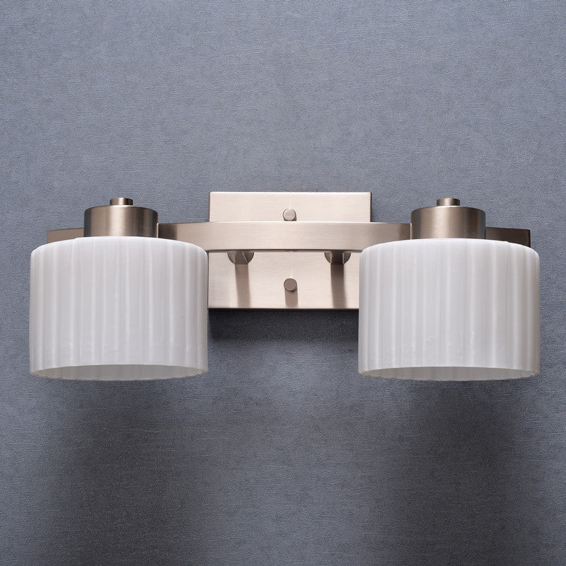 White Ribbed Glass Nickel Sconce Light Fixture Drum 2-Head Modern Wall Mounted Lamp White Clearhalo 'Wall Lamps & Sconces' 'Wall Lights' Lighting' 781886
