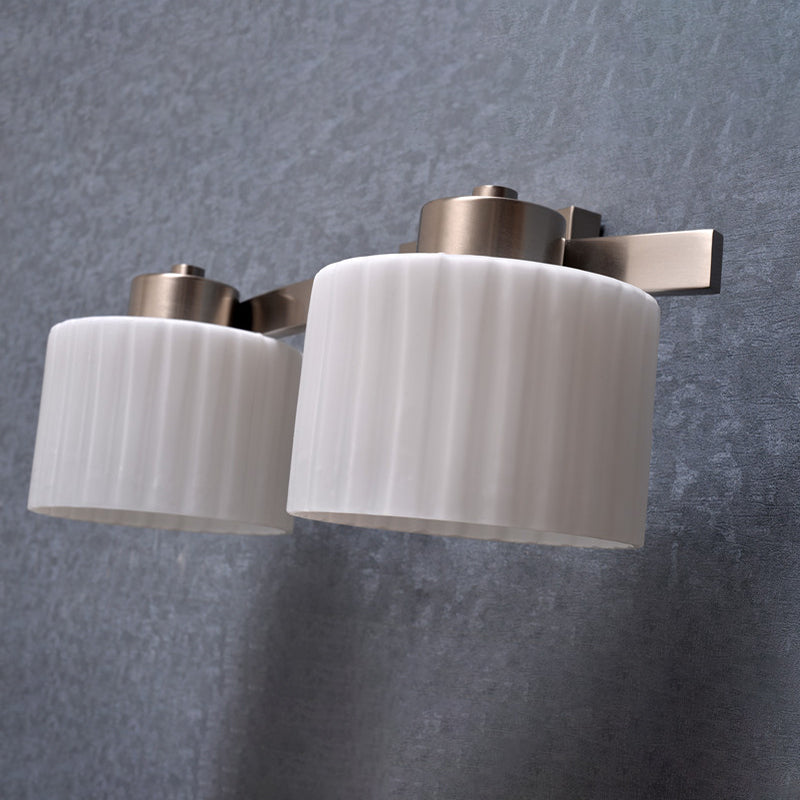 White Ribbed Glass Nickel Sconce Light Fixture Drum 2-Head Modern Wall Mounted Lamp Clearhalo 'Wall Lamps & Sconces' 'Wall Lights' Lighting' 781887