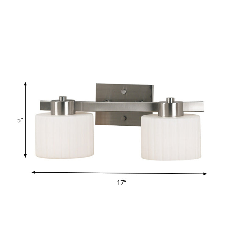 White Ribbed Glass Nickel Sconce Light Fixture Drum 2-Head Modern Wall Mounted Lamp Clearhalo 'Wall Lamps & Sconces' 'Wall Lights' Lighting' 781889