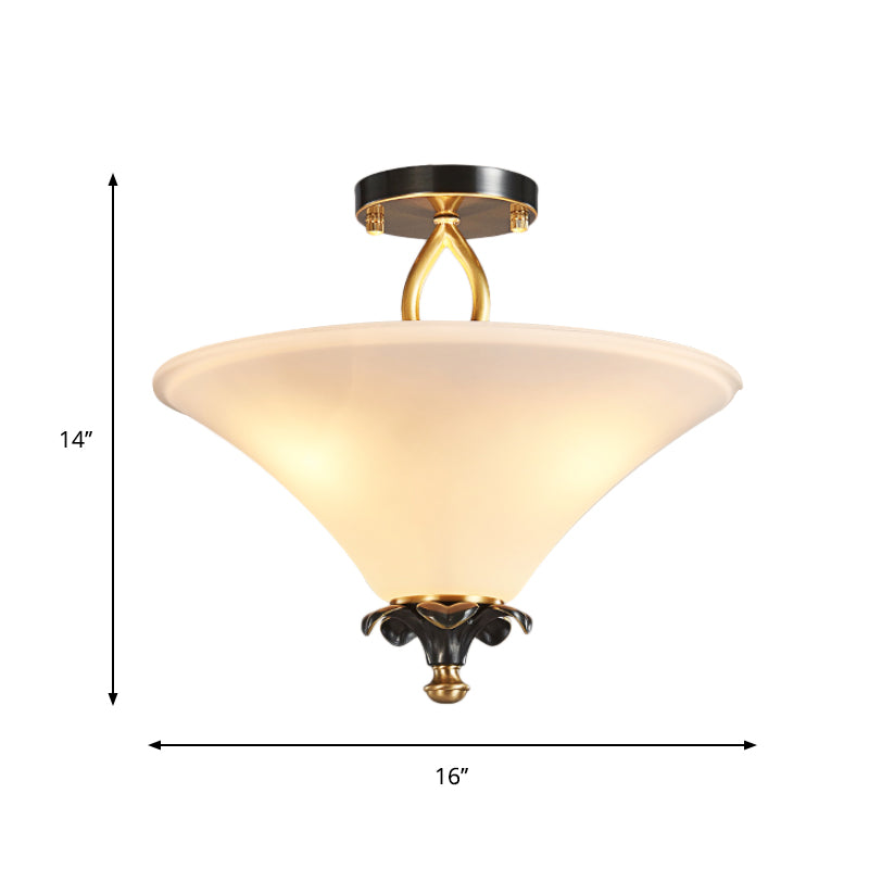 Horn Shape White Glass Semi Flush Lamp Country Style 3 Lights Bedroom Flush Ceiling Light in Brass Clearhalo 'Ceiling Lights' 'Close To Ceiling Lights' 'Close to ceiling' 'Semi-flushmount' Lighting' 782033