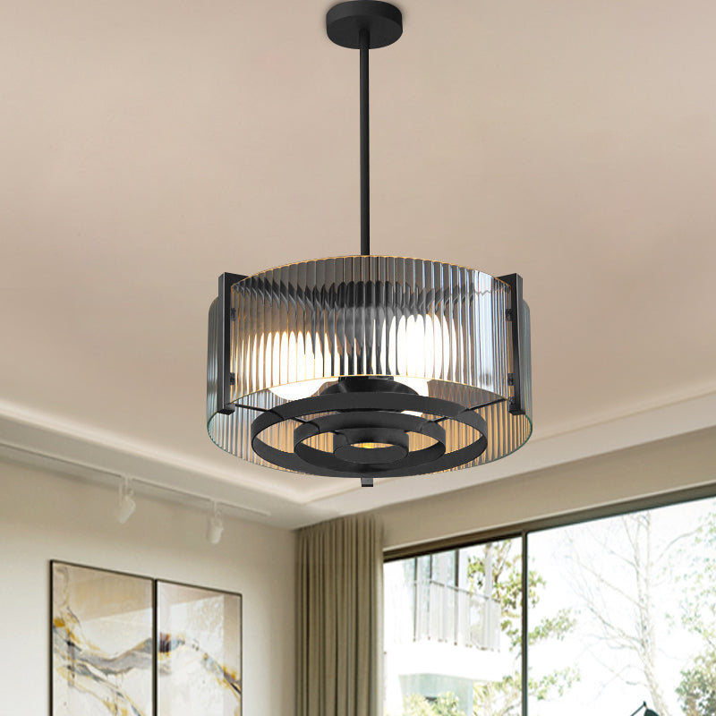 Black 3-Head Semi Flush Mount Light Vintage Clear Trellis/Stripe Glass Drum Ceiling Lamp Fixture Clearhalo 'Ceiling Lights' 'Close To Ceiling Lights' 'Close to ceiling' 'Semi-flushmount' Lighting' 782039