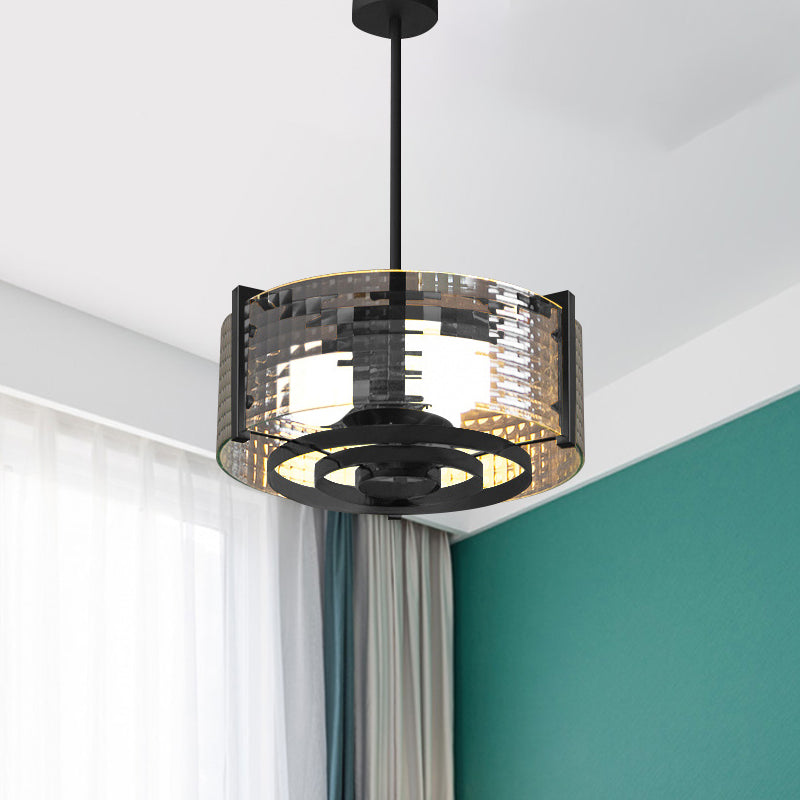 Black 3-Head Semi Flush Mount Light Vintage Clear Trellis/Stripe Glass Drum Ceiling Lamp Fixture Black Trellis Clearhalo 'Ceiling Lights' 'Close To Ceiling Lights' 'Close to ceiling' 'Semi-flushmount' Lighting' 782042