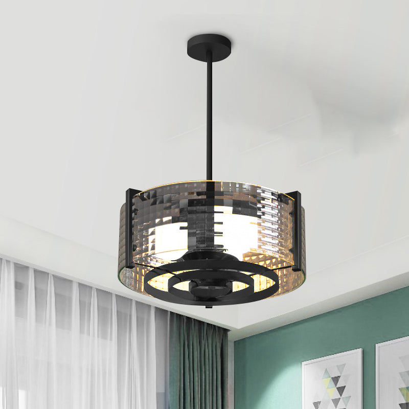 Black 3-Head Semi Flush Mount Light Vintage Clear Trellis/Stripe Glass Drum Ceiling Lamp Fixture Clearhalo 'Ceiling Lights' 'Close To Ceiling Lights' 'Close to ceiling' 'Semi-flushmount' Lighting' 782043