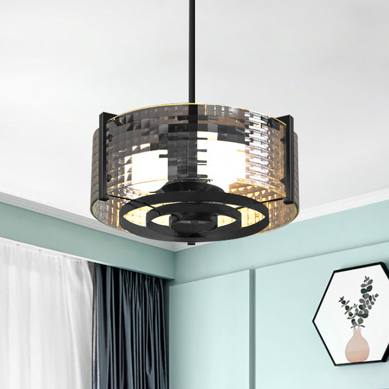 Black 3-Head Semi Flush Mount Light Vintage Clear Trellis/Stripe Glass Drum Ceiling Lamp Fixture Clearhalo 'Ceiling Lights' 'Close To Ceiling Lights' 'Close to ceiling' 'Semi-flushmount' Lighting' 782044