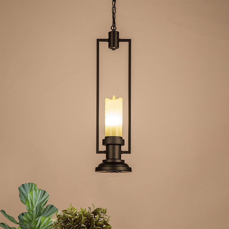 Candle Restaurant Suspension Light Vintage Resin 1 Head Black Pendant Lamp Fixture with Rectangle Frame Clearhalo 'Ceiling Lights' 'Pendant Lights' 'Pendants' Lighting' 782051