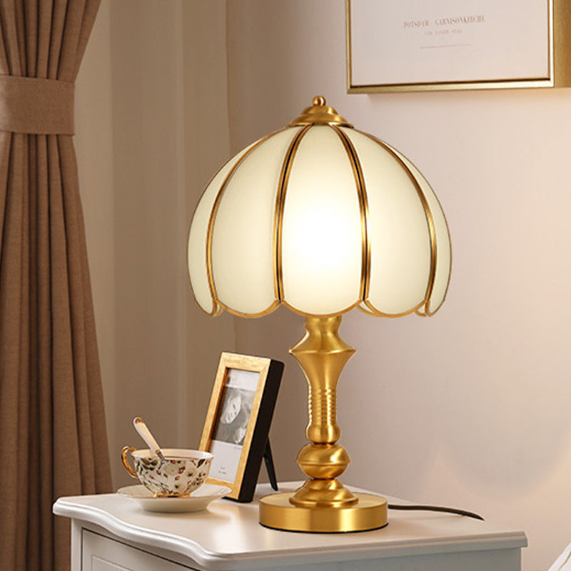 1 Light Night Table Lamp Traditional Bedroom Night Light with Scalloped Dome White Glass Shade in Brass Brass Clearhalo 'Lamps' 'Table Lamps' Lighting' 782098