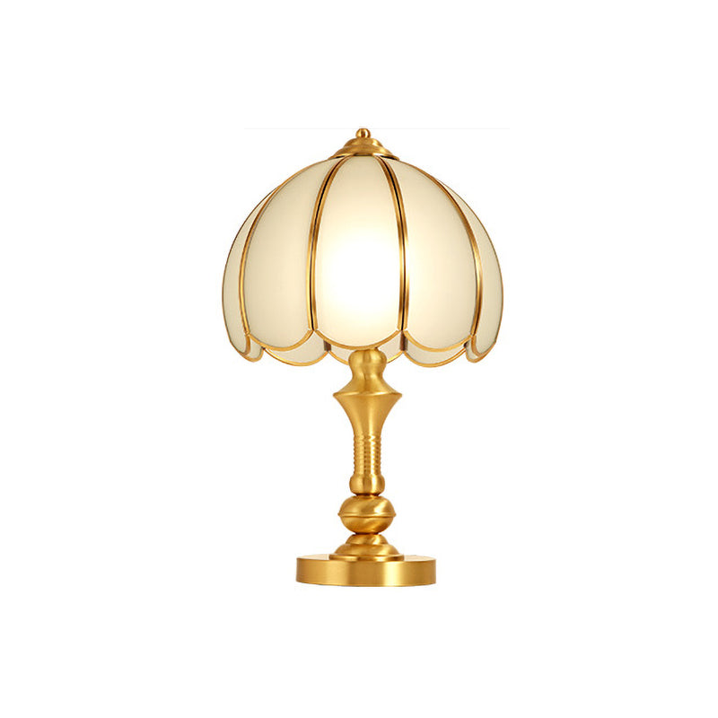 1 Light Night Table Lamp Traditional Bedroom Night Light with Scalloped Dome White Glass Shade in Brass Clearhalo 'Lamps' 'Table Lamps' Lighting' 782100