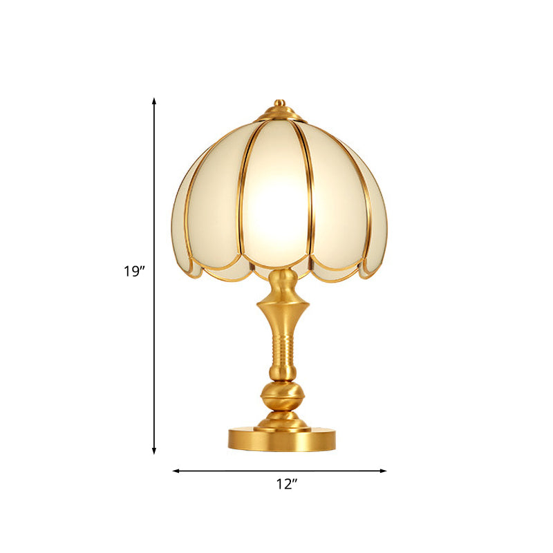 1 Light Night Table Lamp Traditional Bedroom Night Light with Scalloped Dome White Glass Shade in Brass Clearhalo 'Lamps' 'Table Lamps' Lighting' 782101