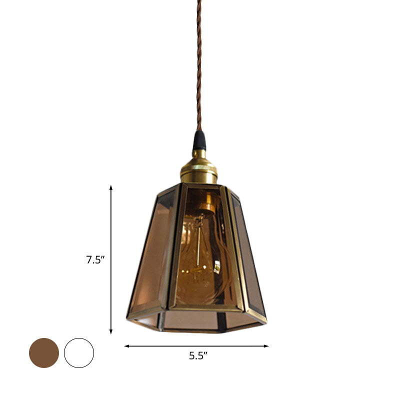 Clear/Amber Glass Hexagon Drop Pendant Light Antiqued 1 Head Bedside Hanging Lamp Fixture in Brass Clearhalo 'Ceiling Lights' 'Pendant Lights' 'Pendants' Lighting' 782198