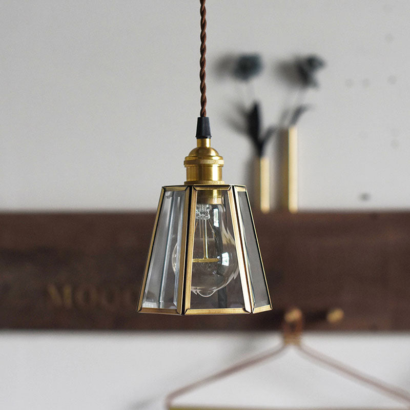 Clear/Amber Glass Hexagon Drop Pendant Light Antiqued 1 Head Bedside Hanging Lamp Fixture in Brass Clearhalo 'Ceiling Lights' 'Pendant Lights' 'Pendants' Lighting' 782201