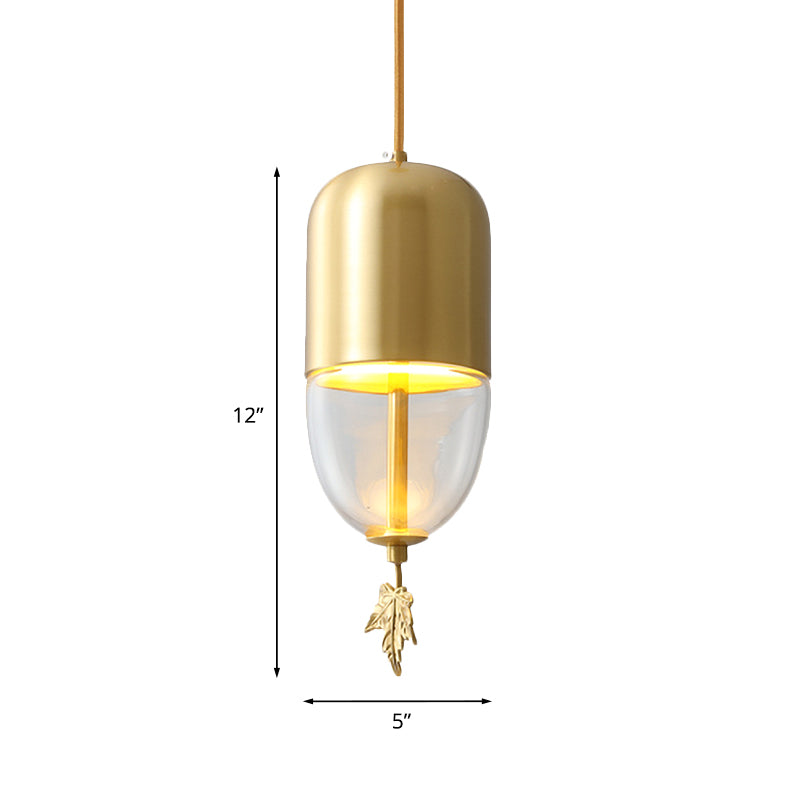 Brass Dome Hanging Lighting Vintage Clear Glass 1-Light Bedside LED Suspension Lamp with Maple Leaf Decor, 3.5