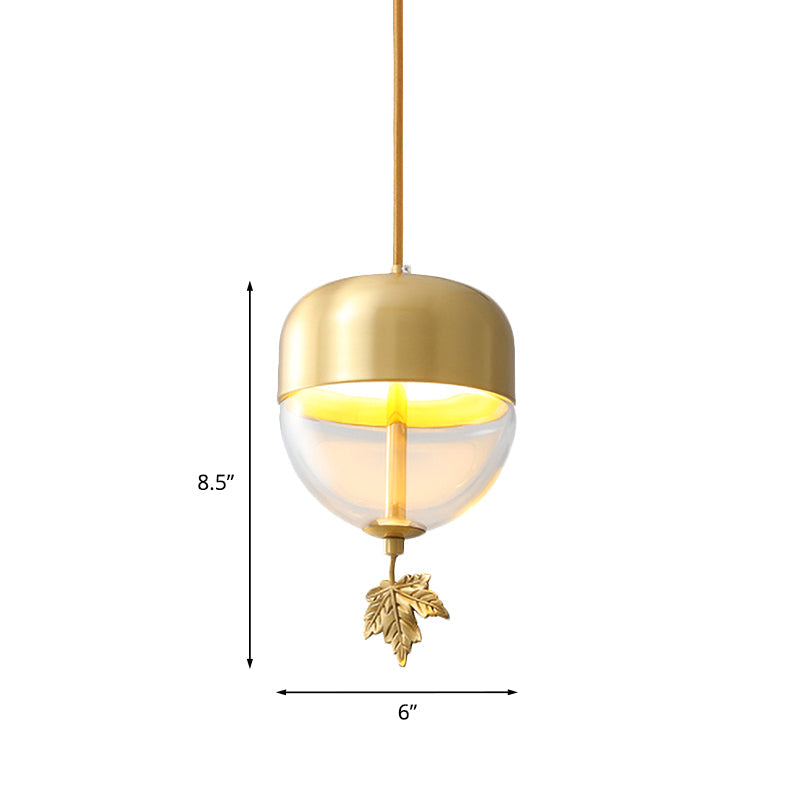 Brass Dome Hanging Lighting Vintage Clear Glass 1-Light Bedside LED Suspension Lamp with Maple Leaf Decor, 3.5