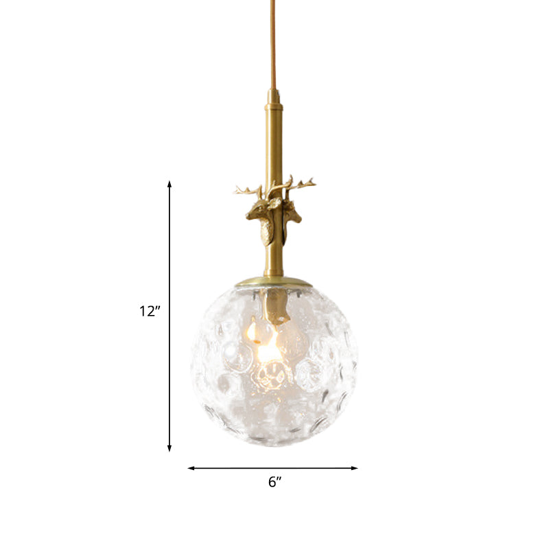 Traditional Sphere Pendulum Light 1 Head Clear Dimpled Glass Hanging Ceiling Lamp in Brass Clearhalo 'Ceiling Lights' 'Close To Ceiling Lights' 'Glass shade' 'Glass' 'Pendant Lights' 'Pendants' Lighting' 782220