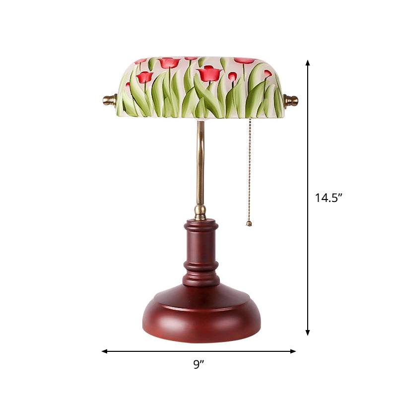 1 Bulb Green Glass Table Lighting Korean Garden Red Brown Flower Bush Pattern Bedroom Nightstand Lamp with Pull Chain Clearhalo 'Lamps' 'Table Lamps' Lighting' 783970