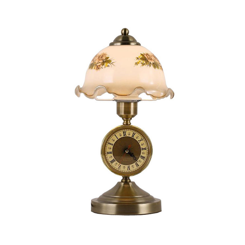 Antiqued Brass 1 Light Night Lamp American Flower White Glass Dome Table Lighting with Roman Clock Base Brass Clearhalo 'Lamps' 'Table Lamps' Lighting' 783975