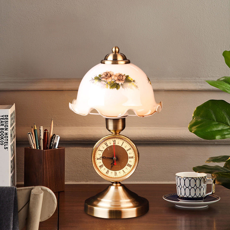 Antiqued Brass 1 Light Night Lamp American Flower White Glass Dome Table Lighting with Roman Clock Base Clearhalo 'Lamps' 'Table Lamps' Lighting' 783976