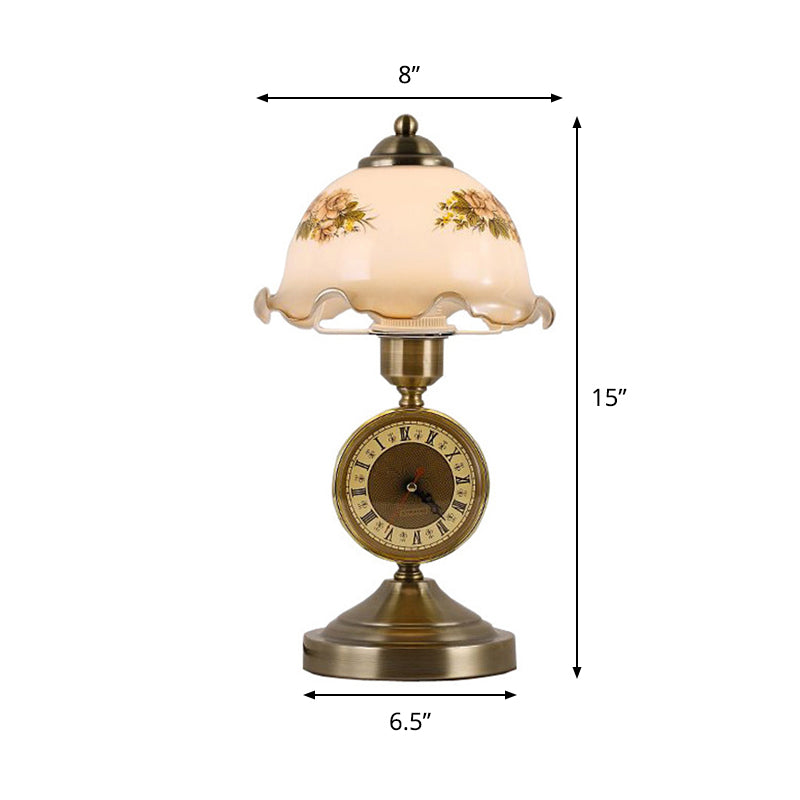 Antiqued Brass 1 Light Night Lamp American Flower White Glass Dome Table Lighting with Roman Clock Base Clearhalo 'Lamps' 'Table Lamps' Lighting' 783978