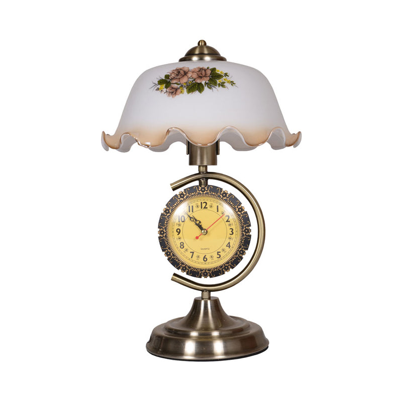 Ruffle Bowl Shade Opal Glass Table Lamp Pastoral Single Sitting Room Night Light with C Arm and Clock in Brass Clearhalo 'Lamps' 'Table Lamps' Lighting' 783981