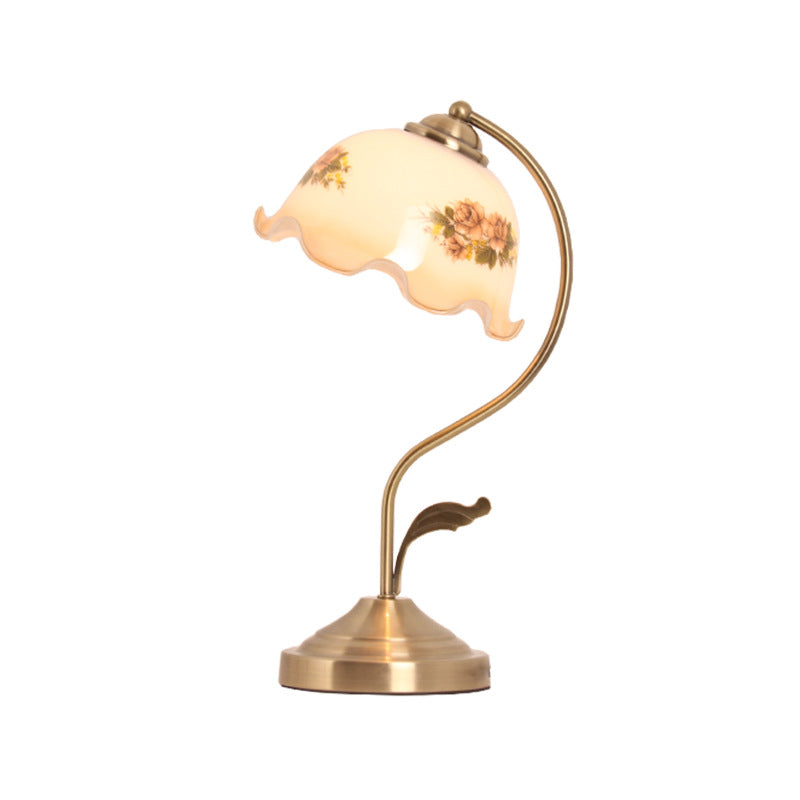 Brass Gooseneck Nightstand Lamp Korean Garden Metal 1 Bulb Bedroom Table Light with Flower Glass Shade Brass Clearhalo 'Lamps' 'Table Lamps' Lighting' 783983