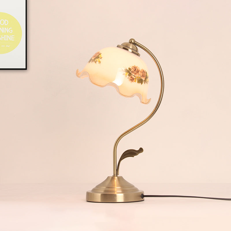 Brass Gooseneck Nightstand Lamp Korean Garden Metal 1 Bulb Bedroom Table Light with Flower Glass Shade Clearhalo 'Lamps' 'Table Lamps' Lighting' 783984