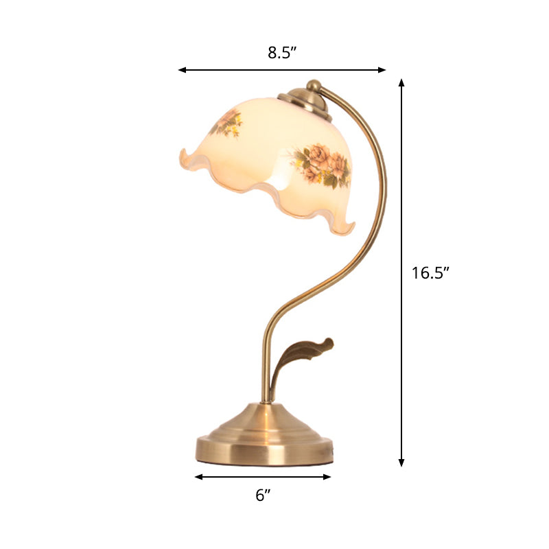 Brass Gooseneck Nightstand Lamp Korean Garden Metal 1 Bulb Bedroom Table Light with Flower Glass Shade Clearhalo 'Lamps' 'Table Lamps' Lighting' 783986
