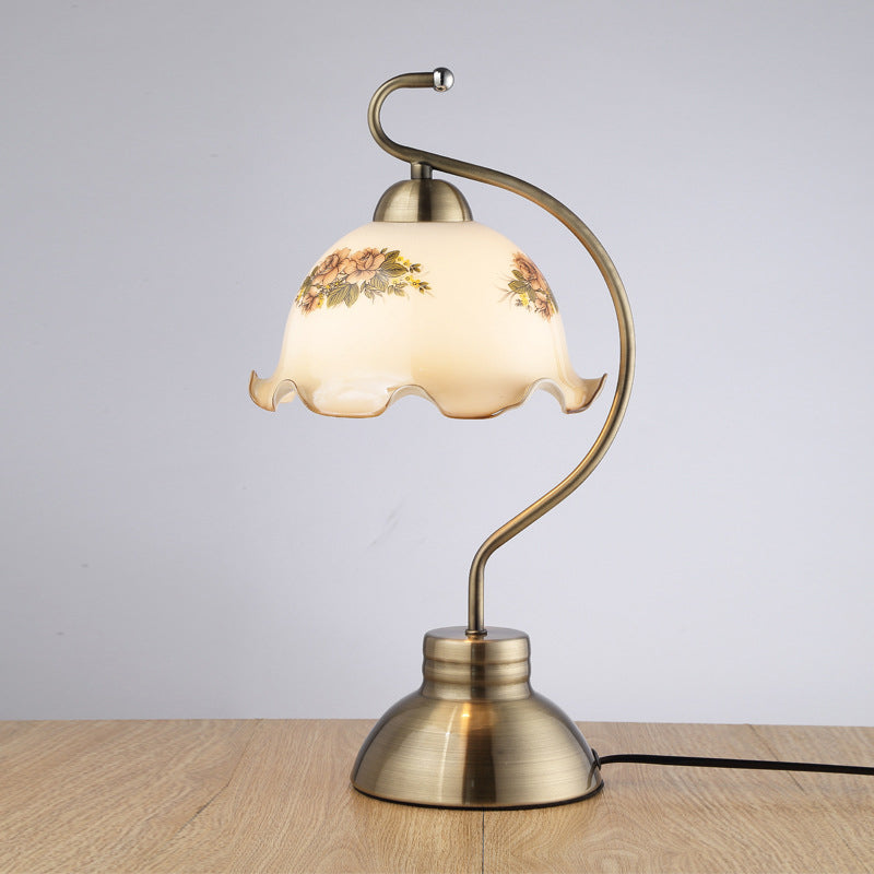 Single Bulb Night Stand Light Pastoral Ruffle Edged Hemisphere White Glass Table Lamp with Brass Bow Arm Brass Clearhalo 'Lamps' 'Table Lamps' Lighting' 783987