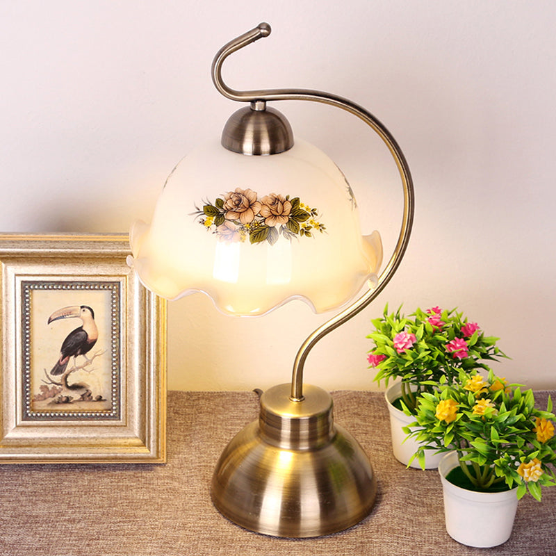 Single Bulb Night Stand Light Pastoral Ruffle Edged Hemisphere White Glass Table Lamp with Brass Bow Arm Clearhalo 'Lamps' 'Table Lamps' Lighting' 783988
