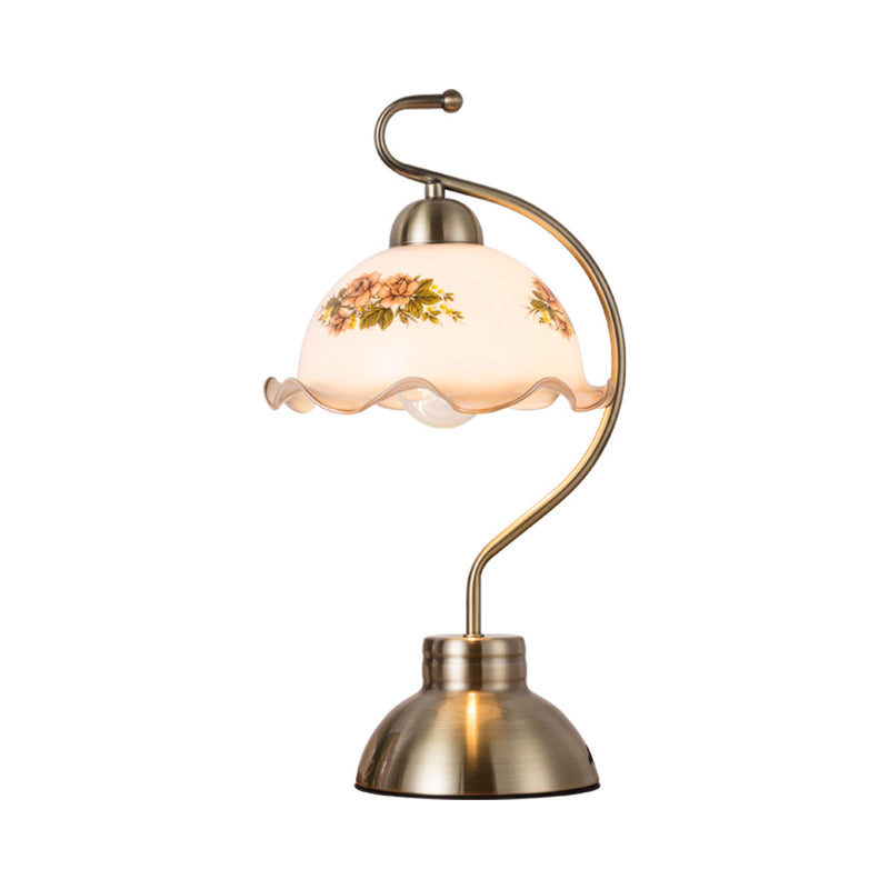 Single Bulb Night Stand Light Pastoral Ruffle Edged Hemisphere White Glass Table Lamp with Brass Bow Arm Clearhalo 'Lamps' 'Table Lamps' Lighting' 783989