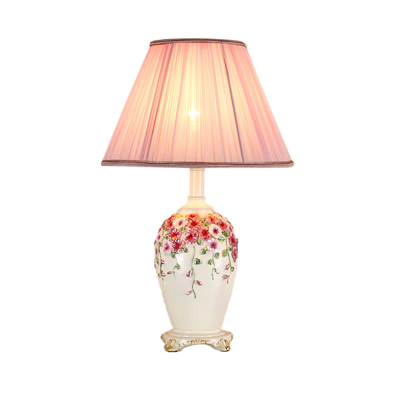 Gathered Fabric Beige/Pink Nightstand Light Conical 1 Light Pastoral Style Table Lamp with Painted Pottery Base Pink Clearhalo 'Lamps' 'Table Lamps' Lighting' 783995