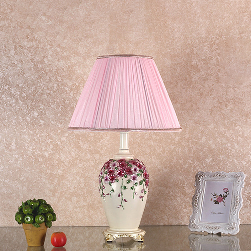 Gathered Fabric Beige/Pink Nightstand Light Conical 1 Light Pastoral Style Table Lamp with Painted Pottery Base Clearhalo 'Lamps' 'Table Lamps' Lighting' 783996