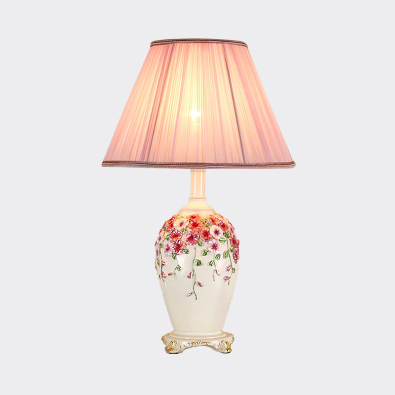 Gathered Fabric Beige/Pink Nightstand Light Conical 1 Light Pastoral Style Table Lamp with Painted Pottery Base Clearhalo 'Lamps' 'Table Lamps' Lighting' 783997