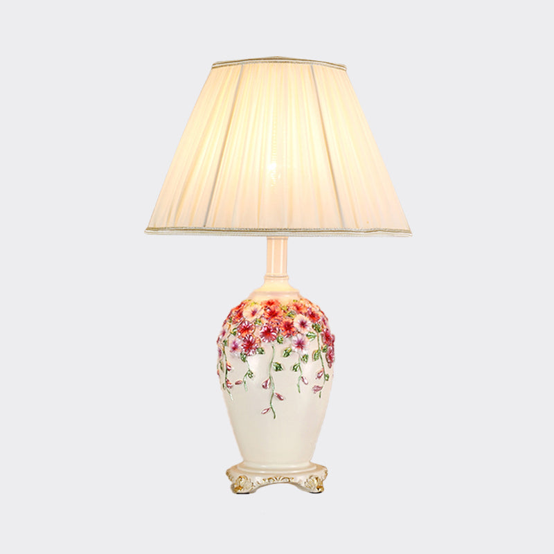 Gathered Fabric Beige/Pink Nightstand Light Conical 1 Light Pastoral Style Table Lamp with Painted Pottery Base Clearhalo 'Lamps' 'Table Lamps' Lighting' 784002