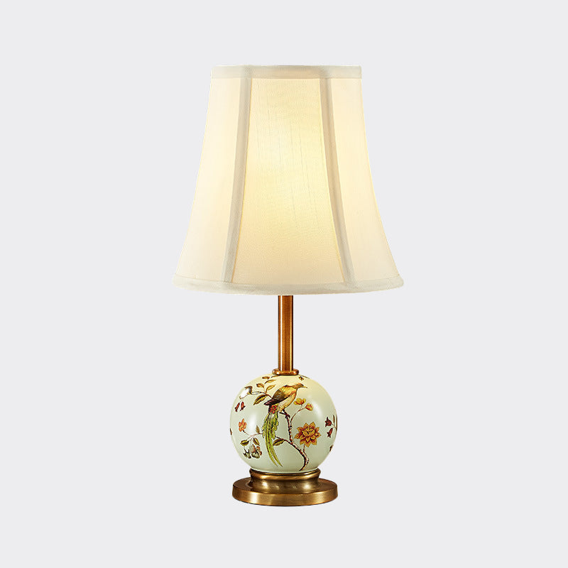 Ceramic Chinese Painting Ball Table Light Pastoral 1 Bulb Sitting Room Night Lamp with Flared Fabric Shade Clearhalo 'Lamps' 'Table Lamps' Lighting' 784005