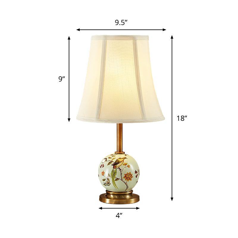Ceramic Chinese Painting Ball Table Light Pastoral 1 Bulb Sitting Room Night Lamp with Flared Fabric Shade Clearhalo 'Lamps' 'Table Lamps' Lighting' 784006