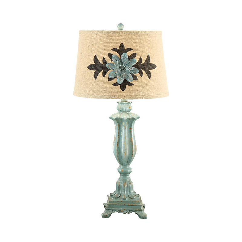Blue Single-Bulb Table Lamp Countryside Flower Patterned Fabric Round Shade Night Stand Light Blue Clearhalo 'Lamps' 'Table Lamps' Lighting' 784007
