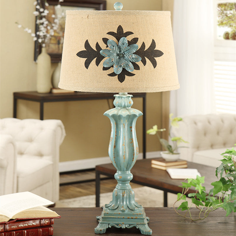Blue Single-Bulb Table Lamp Countryside Flower Patterned Fabric Round Shade Night Stand Light Clearhalo 'Lamps' 'Table Lamps' Lighting' 784008