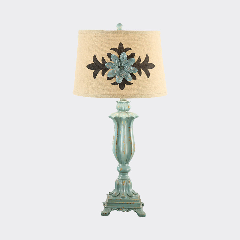 Blue Single-Bulb Table Lamp Countryside Flower Patterned Fabric Round Shade Night Stand Light Clearhalo 'Lamps' 'Table Lamps' Lighting' 784009