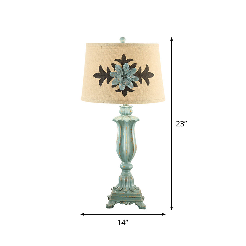 Blue Single-Bulb Table Lamp Countryside Flower Patterned Fabric Round Shade Night Stand Light Clearhalo 'Lamps' 'Table Lamps' Lighting' 784010