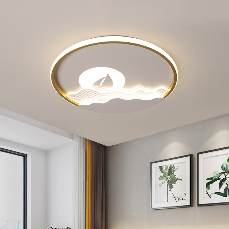 Ultrathin Aluminum Flush Mount Lighting Kids White LED Ceiling Fixture with Boat Sailing In Sea Pattern, Warm/White Light White Clearhalo 'Ceiling Lights' 'Close To Ceiling Lights' 'Close to ceiling' 'Flush mount' Lighting' 784035
