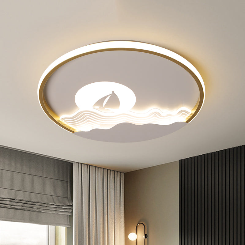 Ultrathin Aluminum Flush Mount Lighting Kids White LED Ceiling Fixture with Boat Sailing In Sea Pattern, Warm/White Light Clearhalo 'Ceiling Lights' 'Close To Ceiling Lights' 'Close to ceiling' 'Flush mount' Lighting' 784036