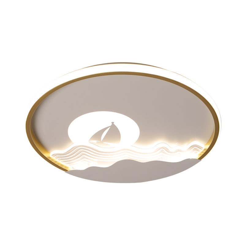 Ultrathin Aluminum Flush Mount Lighting Kids White LED Ceiling Fixture with Boat Sailing In Sea Pattern, Warm/White Light Clearhalo 'Ceiling Lights' 'Close To Ceiling Lights' 'Close to ceiling' 'Flush mount' Lighting' 784037