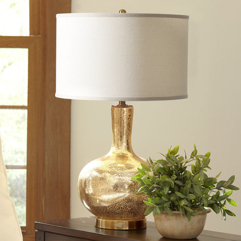 Vase Crackle Glass Night Light Country 1-Head Bedroom Nightstand Lighting in Gold with Cylinder Fabric Shade Gold Clearhalo 'Lamps' 'Table Lamps' Lighting' 784399