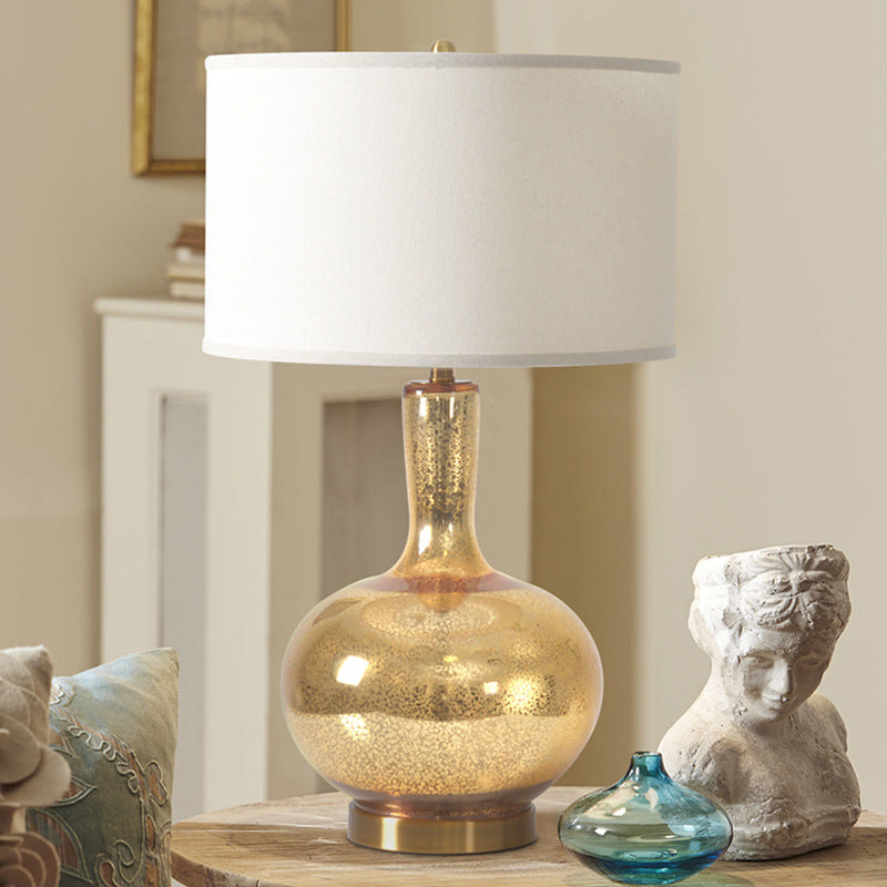 Vase Crackle Glass Night Light Country 1-Head Bedroom Nightstand Lighting in Gold with Cylinder Fabric Shade Clearhalo 'Lamps' 'Table Lamps' Lighting' 784400