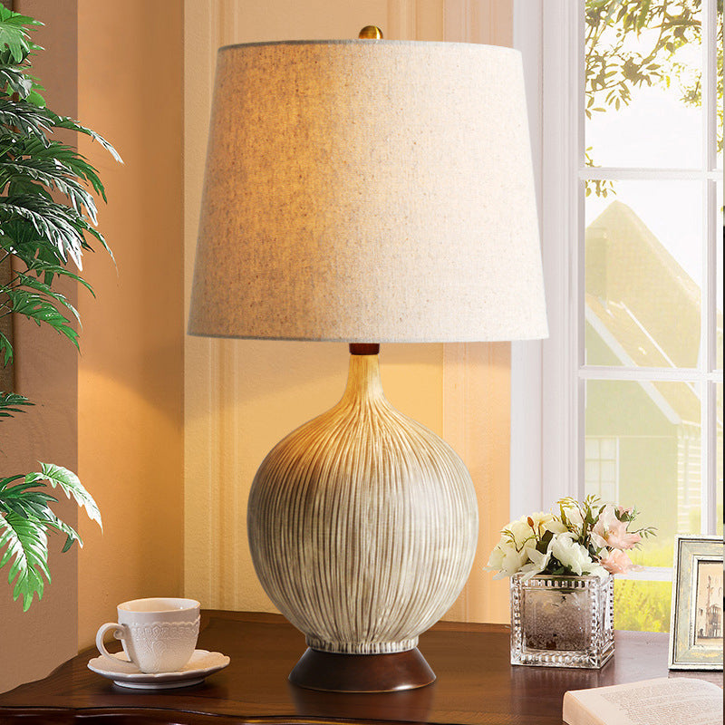 Flaxen Globe Night Lamp Rural Style Ceramic 1 Head Bedroom Nightstand Light with Drum Fabric Shade Clearhalo 'Lamps' 'Table Lamps' Lighting' 784408