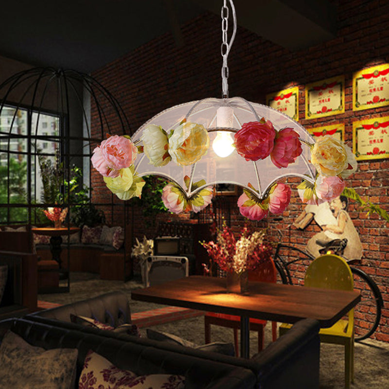 White 1 Light Hanging Lighting Antiqued PVC Umbrella Pendant Light Kit with Artificial Flower Deco White Clearhalo 'Ceiling Lights' 'Industrial Pendants' 'Industrial' 'Middle Century Pendants' 'Pendant Lights' 'Pendants' 'Tiffany' Lighting' 784666