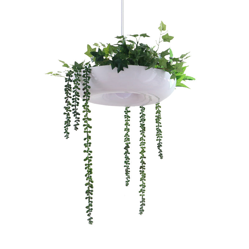 Warehouse Donut Pendant Light 1 Light Metallic Suspension Lighting in White with Green Vine Deco Clearhalo 'Art Deco Pendants' 'Cast Iron' 'Ceiling Lights' 'Ceramic' 'Crystal' 'Industrial Pendants' 'Industrial' 'Metal' 'Middle Century Pendants' 'Pendant Lights' 'Pendants' 'Tiffany' Lighting' 784680