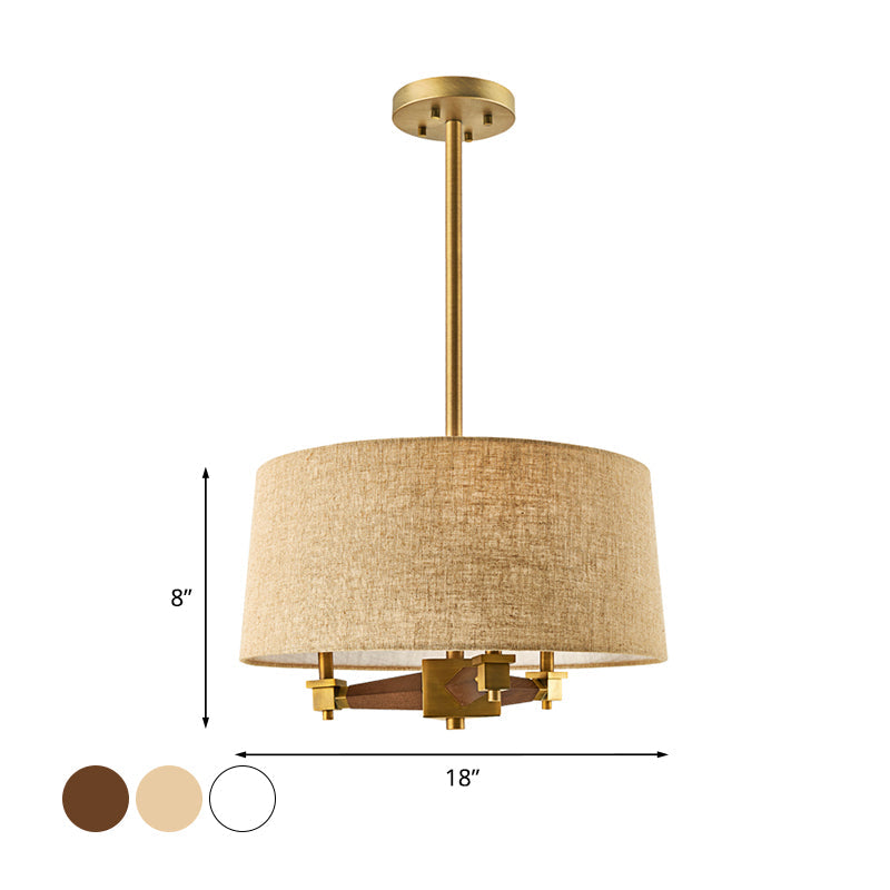 Drum Bedroom Hanging Chandelier Farmhouse Fabric 3 Bulbs White/Light Wood/Dark Wood Ceiling Suspension Light Clearhalo 'Ceiling Lights' 'Chandeliers' Lighting' options 784729