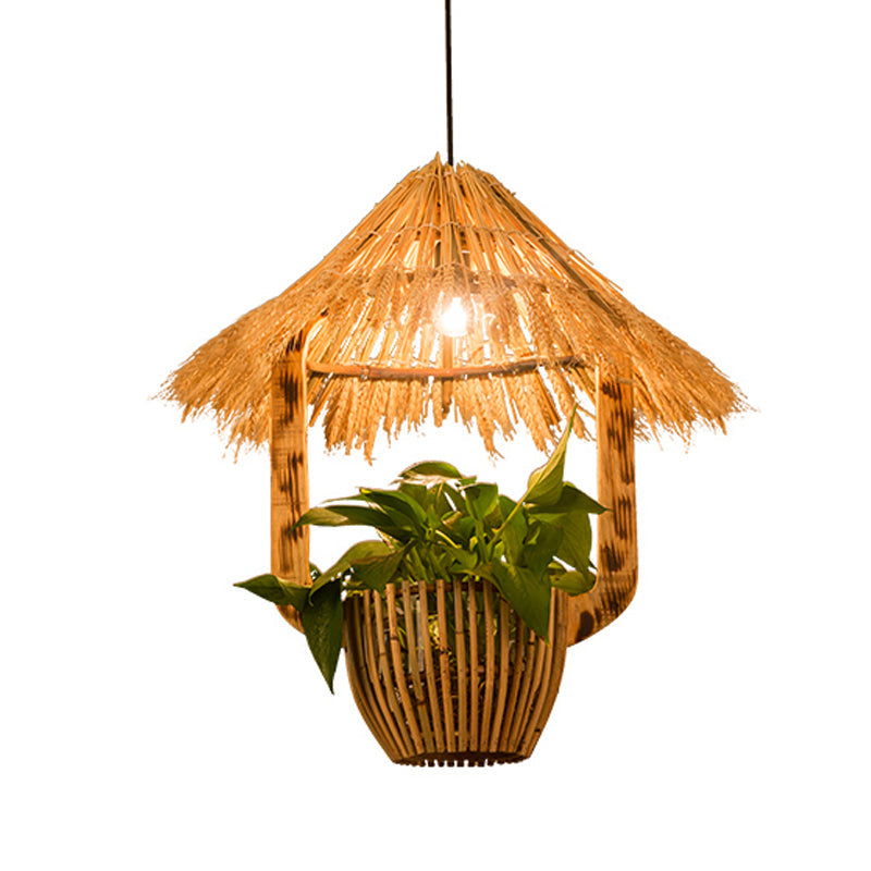 1 Head Rattan Pendant Lighting Industrial Brown Hut Plant Pot Restaurant Pendulum Light Clearhalo 'Ceiling Lights' 'Industrial Pendants' 'Industrial' 'Middle Century Pendants' 'Pendant Lights' 'Pendants' 'Tiffany' Lighting' 784977