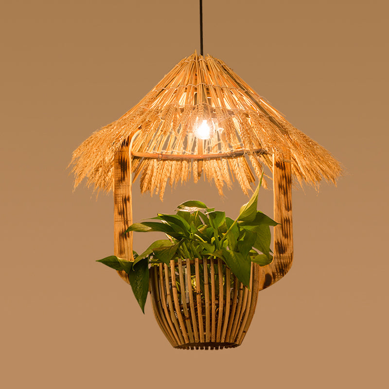 1 Head Rattan Pendant Lighting Industrial Brown Hut Plant Pot Restaurant Pendulum Light Clearhalo 'Ceiling Lights' 'Industrial Pendants' 'Industrial' 'Middle Century Pendants' 'Pendant Lights' 'Pendants' 'Tiffany' Lighting' 784978